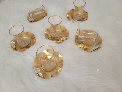 Tea set for six gold glass and metal